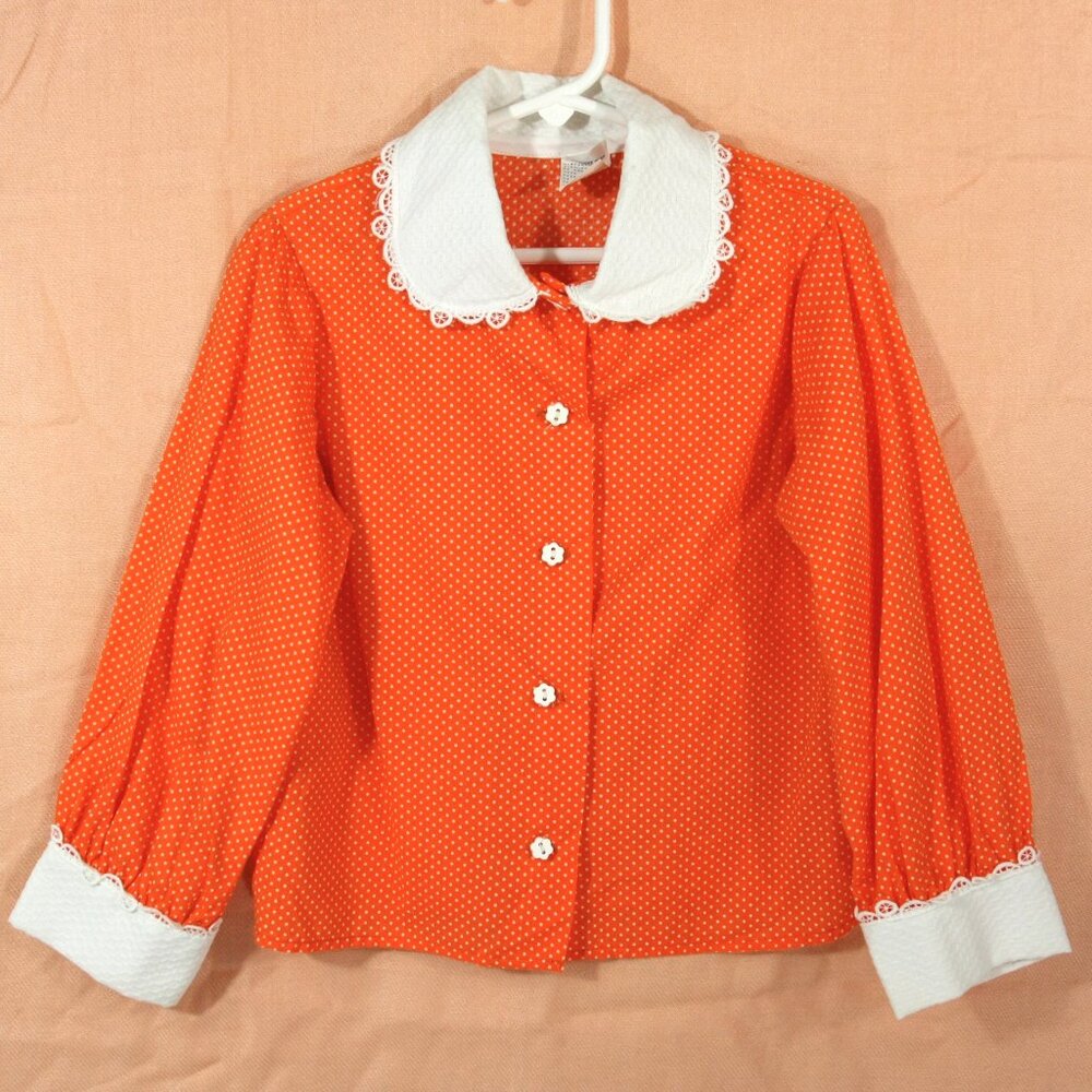 Vintage Sears Girls Orange White Polka Dot Long Sleeve Shirt Blouse Top 6X 1970s